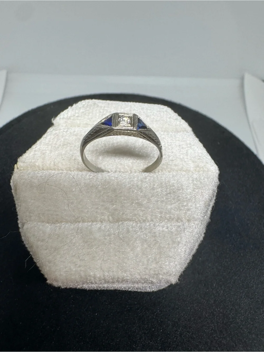 Antique Art Deco 1920s 14K White Gold Natural Sapphire & Diamond Ring Size 5.75